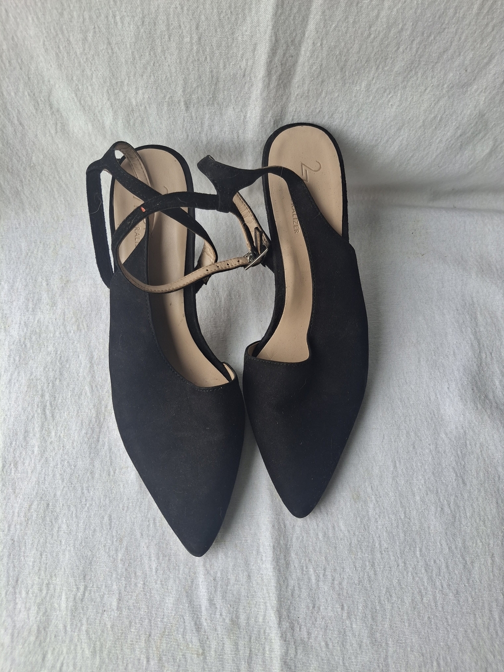 Pointed Black Slingback Mules with Ankle Strap